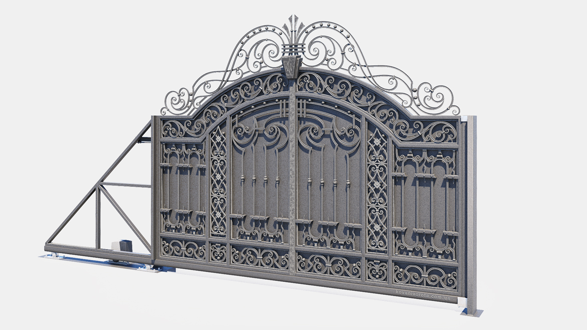 Светло-серые кованые откатные ворота Белогородка p33