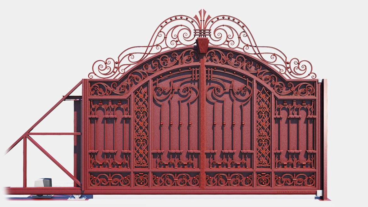 Красные кованые откатные ворота с бронзовой патиной Белогородка p33