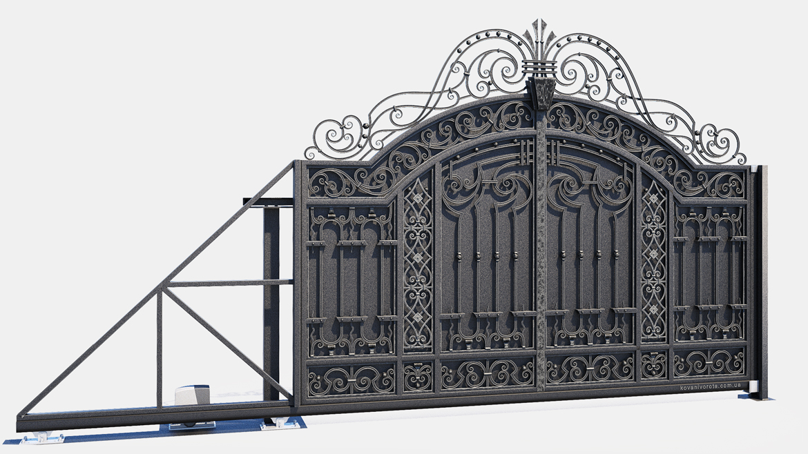 Черные кованые ворота с серебряной патиной Белогородка p33