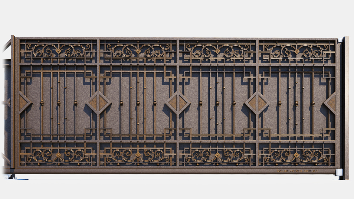 Коричневые кованые откатные ворота с бронзовой патиной Бровары