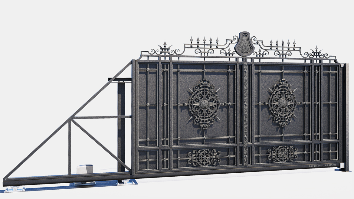 Черные кованые откатные ворота с серебряной патиной Буча