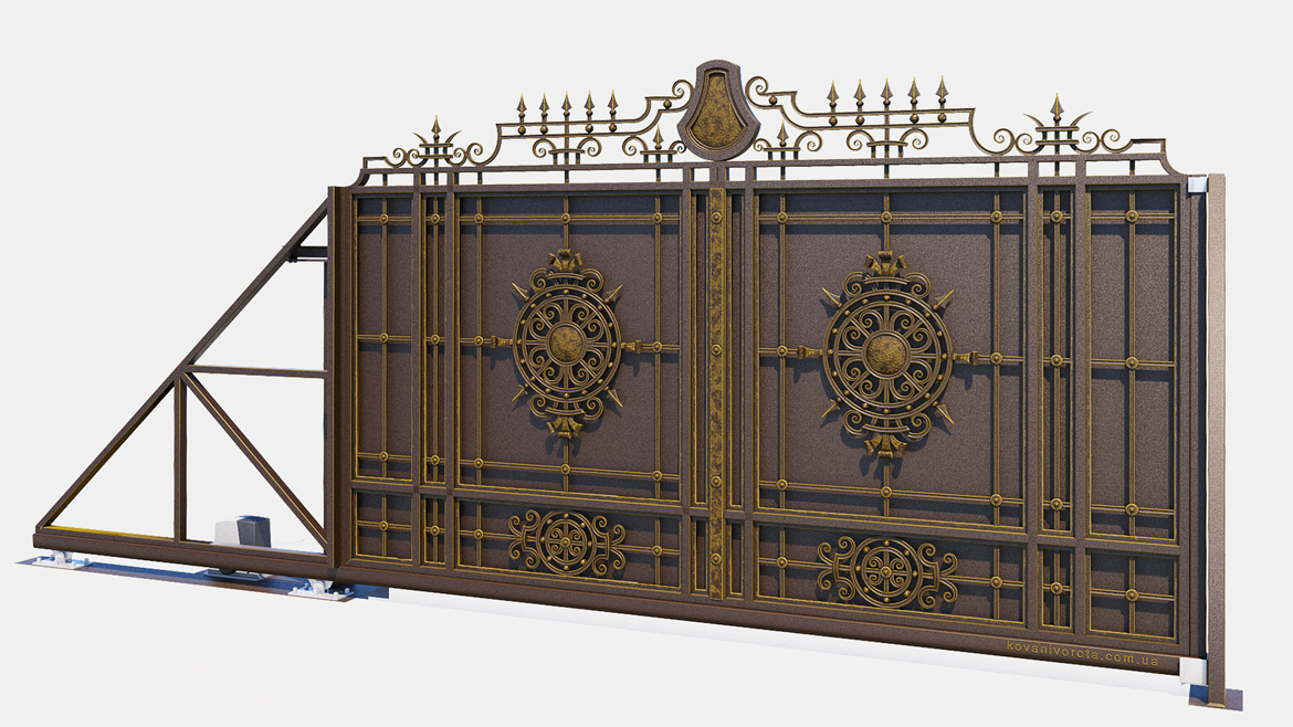 Коричневые кованые откатные ворота с золотой патиной Буча
