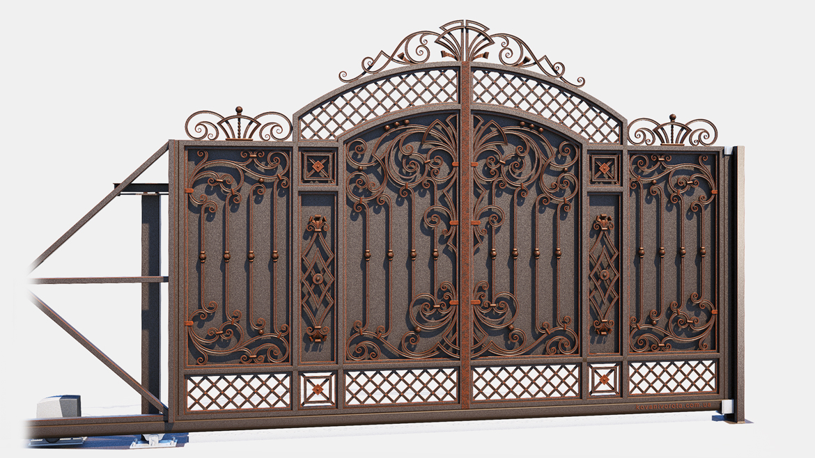 Коричневые кованые откатные ворота с медной патиной Васильков
