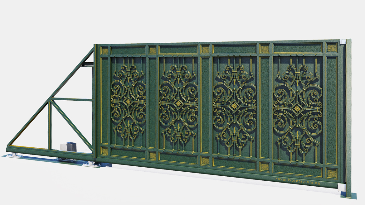 Зеленые кованые откатные ворота с золотой патиной Вышгород