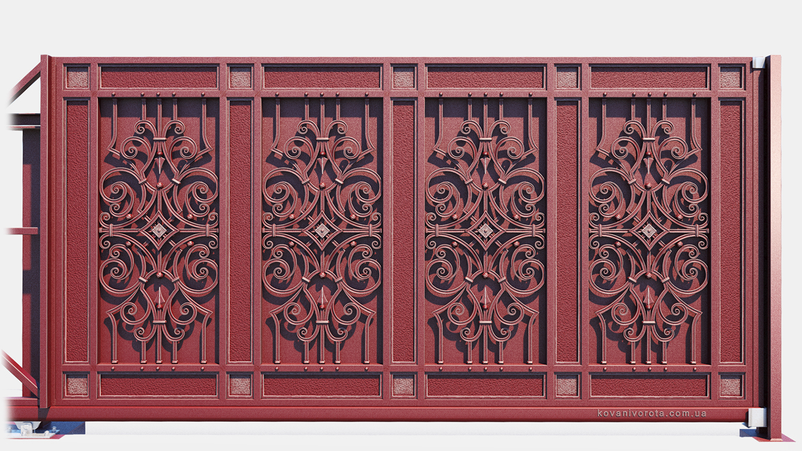 Красные откатные кованые ворота с серебряной патиной Вышгород