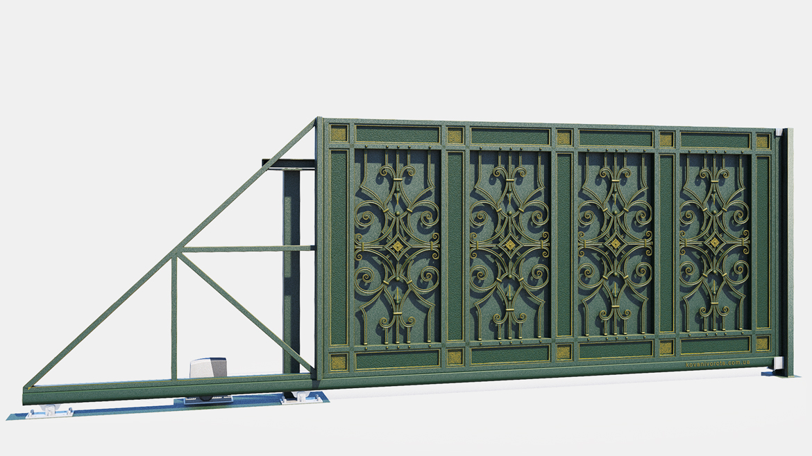 Зеленые откатные кованые ворота с золотой патиной Ирпень