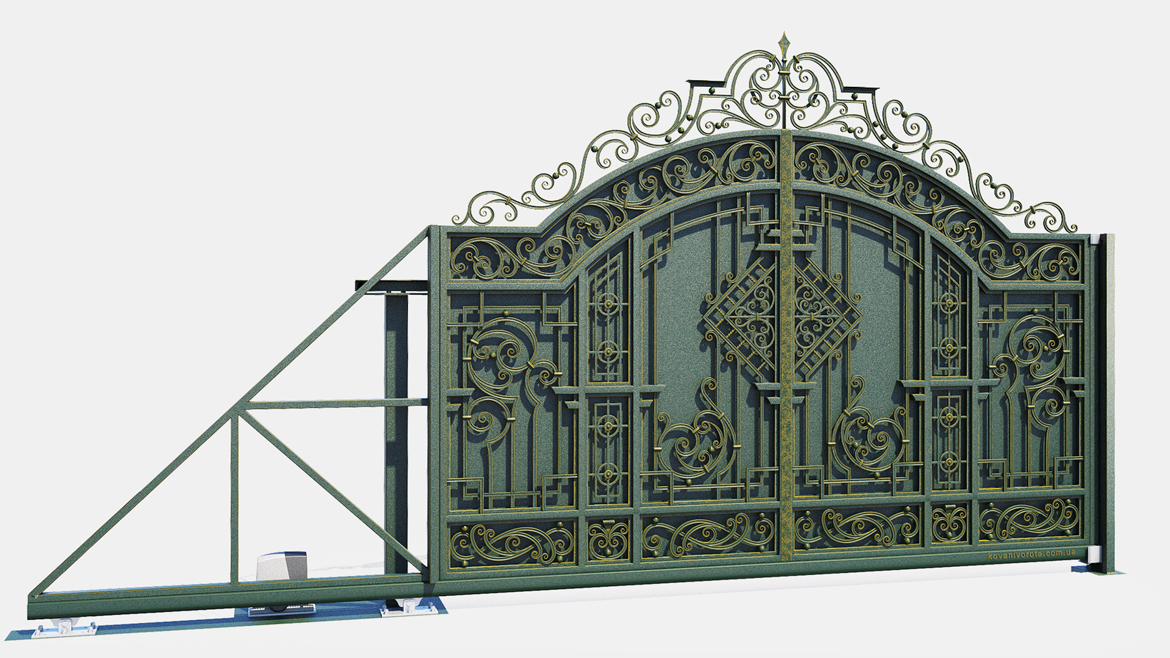 Зеленые кованые откатные ворота с золотой патиной Киев
