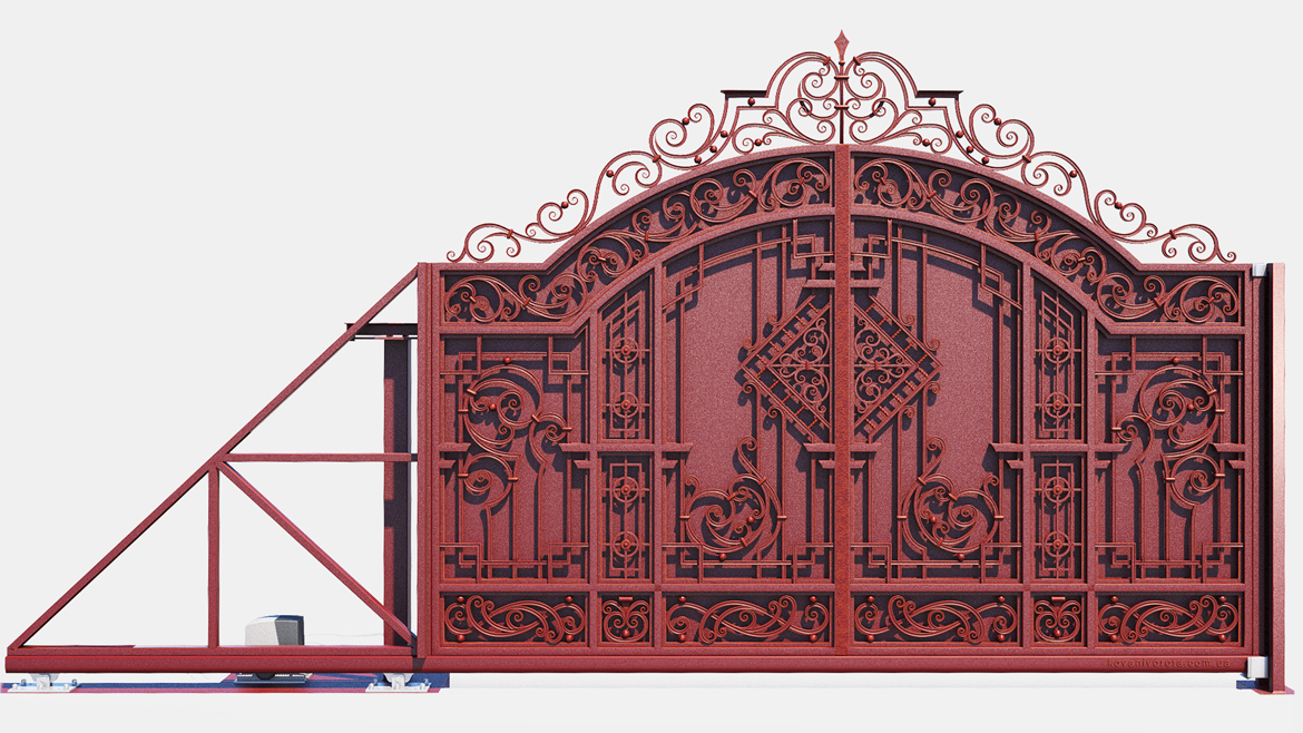 Красные кованые откатые ворота с медной патиной Киев