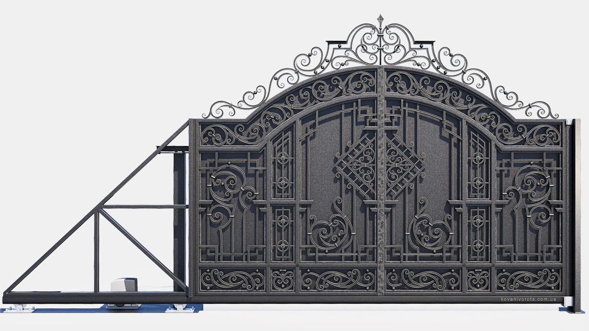 Чорні зсувні ковані ворота з срібним патинуванням Київ