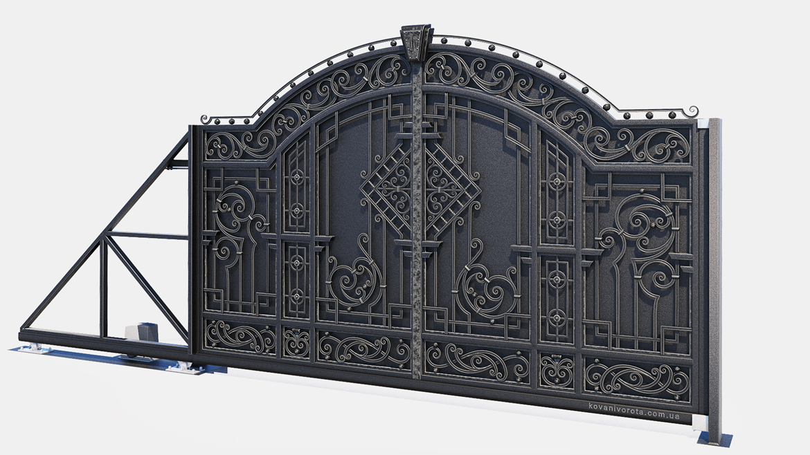 Черные кованые откатные ворота с серебряной патиной Киев_p31