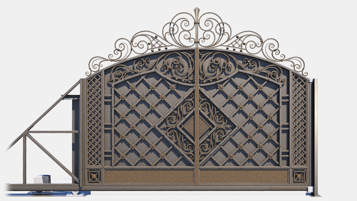 Серые кованые откатные ворота с бронзовой патиной Козин