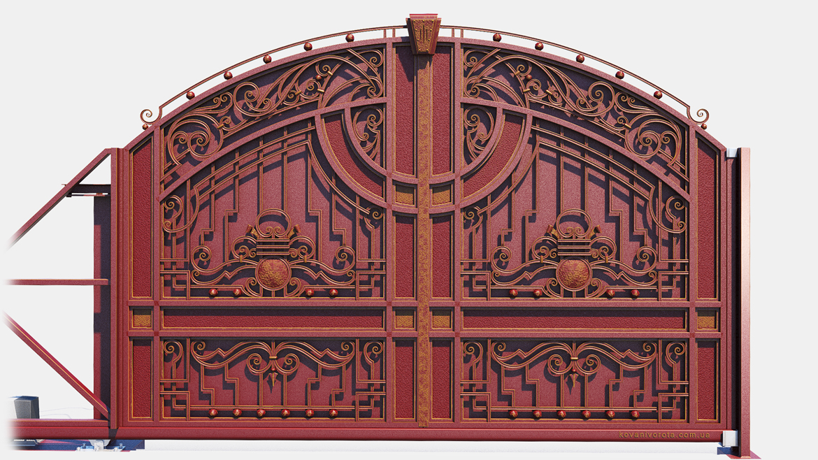 Червоні ковані відкатні ворота з золотою патиною Обухів