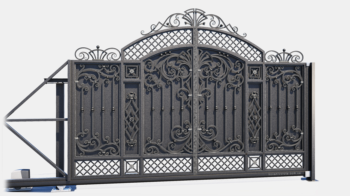Чорні ковані відсувні ворота з срібною патиною Романків